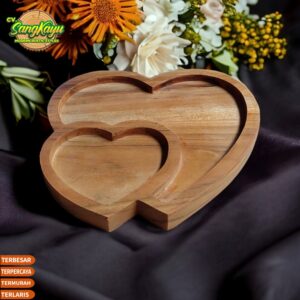 Wooden serving tray / plate double heart nampan piring saji kayu unik